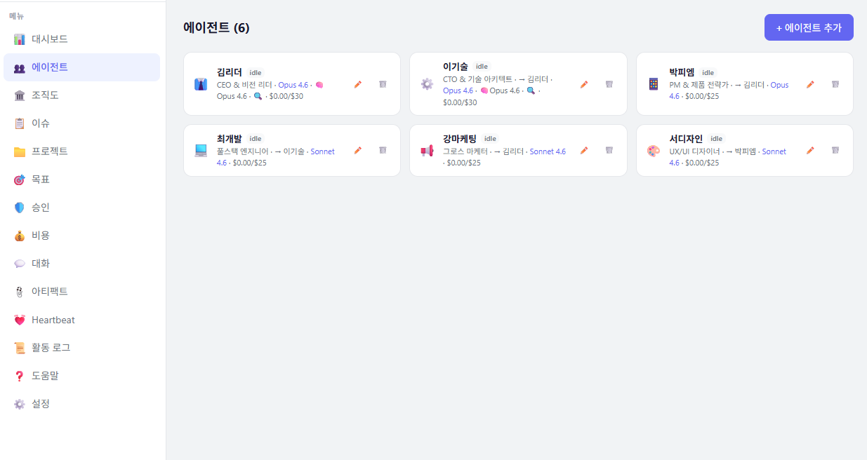 에이전트 관리 화면